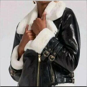 NWT Generation Love Dion Faux Fur Shearling Moto Jacket Black White Size XXS